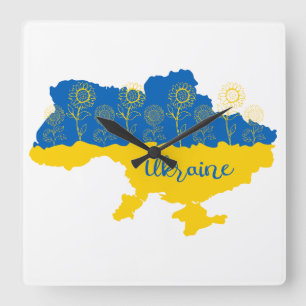 Map of Ukraine with sunflower and Ukrainian flag Square Wall Clock