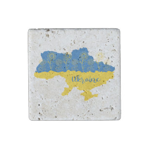 Map of Ukraine with sunflower and Ukrainian flag Stone Magnet