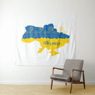 Map of Ukraine with sunflower and Ukrainian flag Tapestry