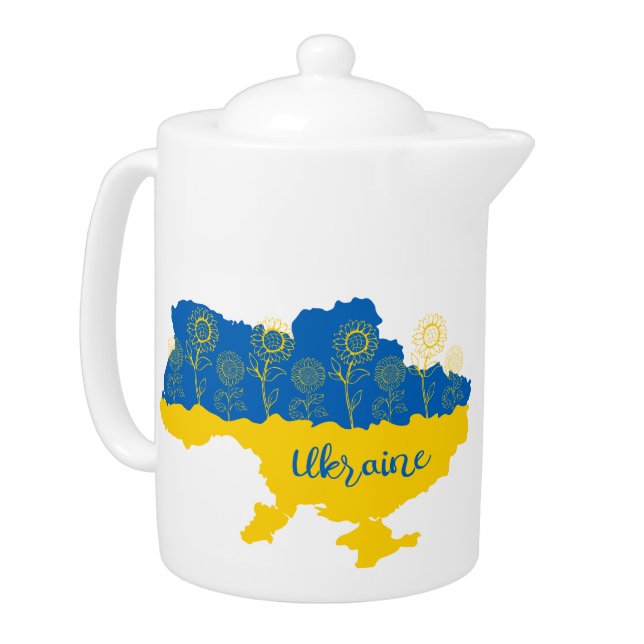 Map of Ukraine with sunflower and Ukrainian flag Teapot (Left)