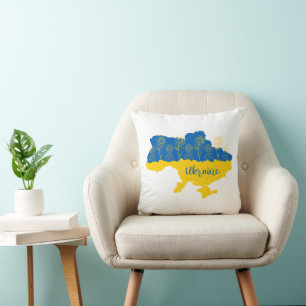 Map of Ukraine with sunflower and Ukrainian flag Throw Pillow