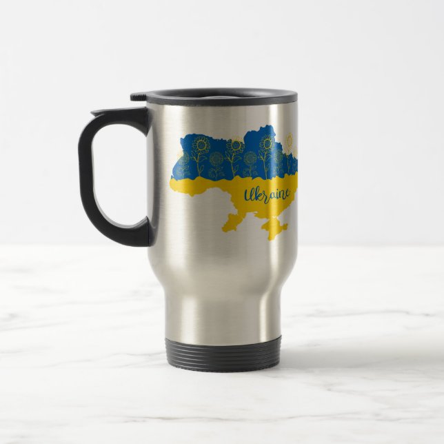 Map of Ukraine with sunflower and Ukrainian flag Travel Mug (Left)