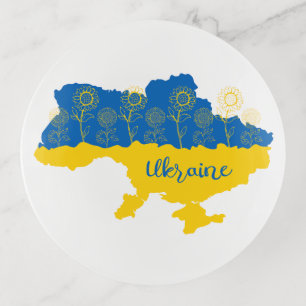 Map of Ukraine with sunflower and Ukrainian flag Trinket Tray