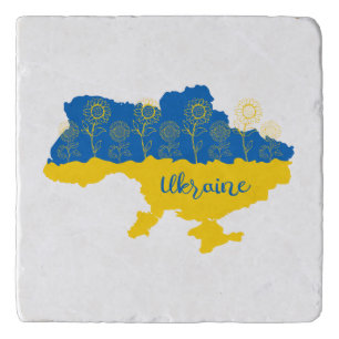 Map of Ukraine with sunflower and Ukrainian flag Trivet