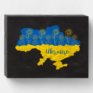 Map of Ukraine with sunflower and Ukrainian flag Wooden Box Sign