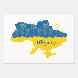 Map of Ukraine with sunflower and Ukrainian flag Wrapping Paper Sheets