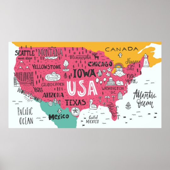 Map Of Usa | Cute Doodle Design Poster | Zazzle.com