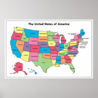 Map of USA Labeled Color Poster