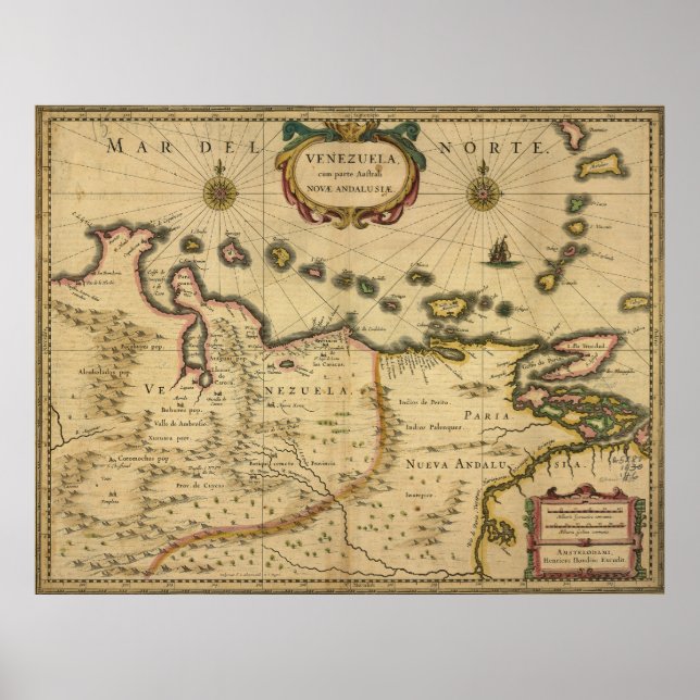 Map of Venezuela by Hendrik Hondius (1630) Poster (Front)