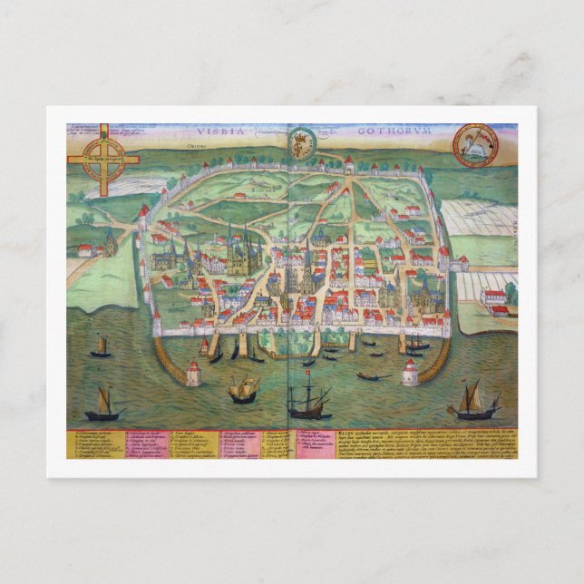 Map of Visby, from 'Civitates Orbis Terrarum' by G Postcard (Front)