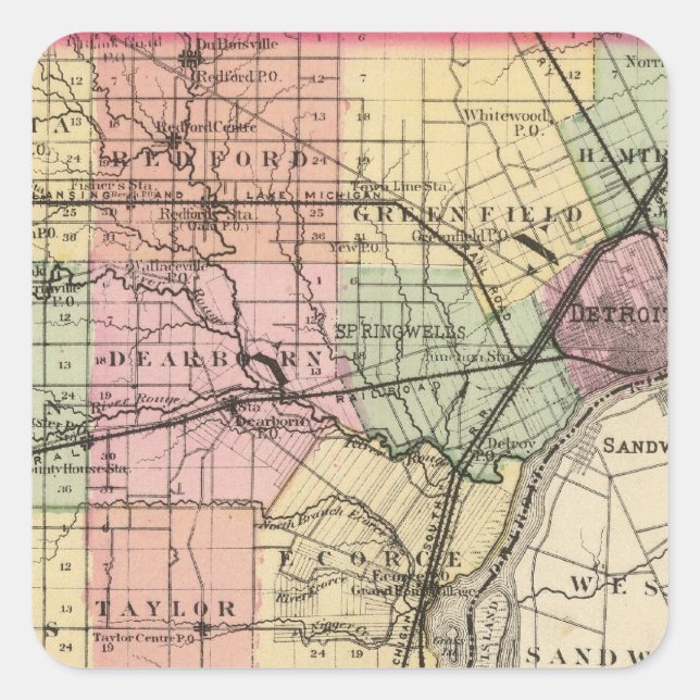 Map of Wayne County, Michigan Square Sticker (Front)