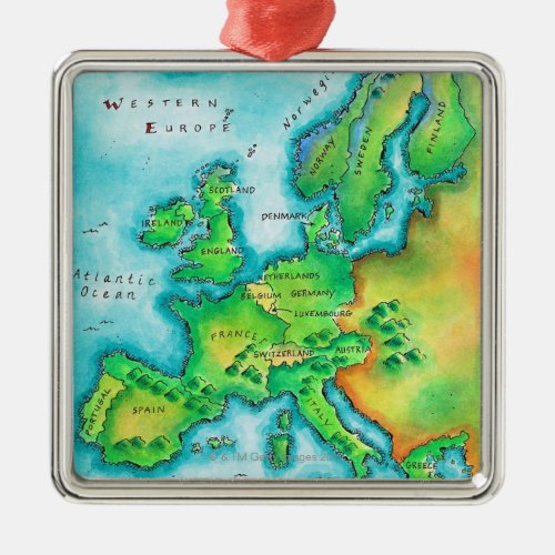 Map of Western Europe Metal Ornament