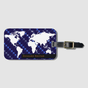 map of world airplane travel blue personalized luggage tag