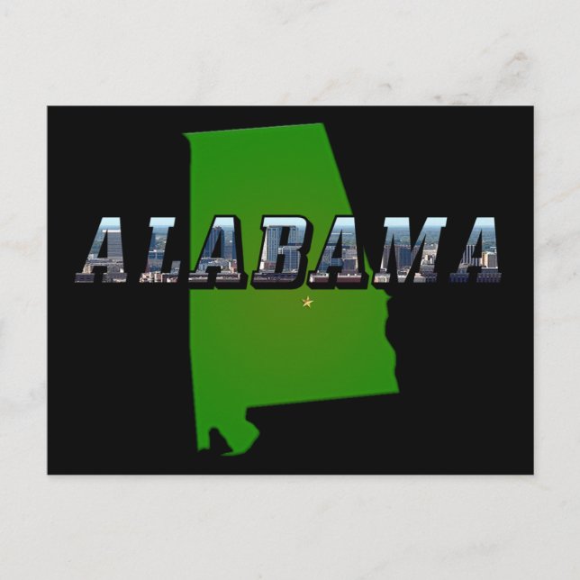 Map Outline and Picture Text of Alabama Postcard (Front)