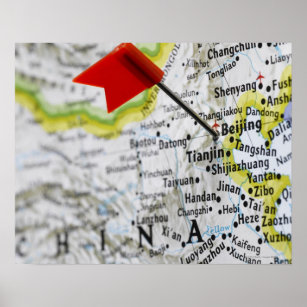 Map pin placed in Beijing, China on map, Poster