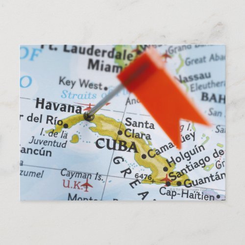 Map pin placed in Havana Cuba on map close_up Postcard