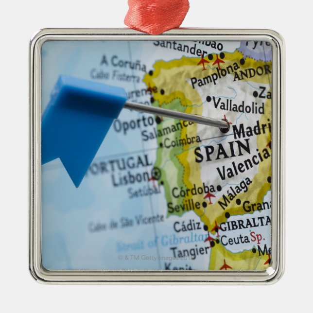 Map pin placed in Madrid, Spain on map, close-up Metal Ornament (Front)