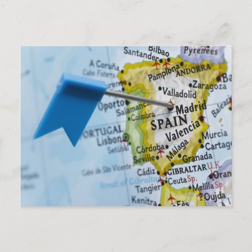Map pin placed in Madrid Spain on map close_up Postcard