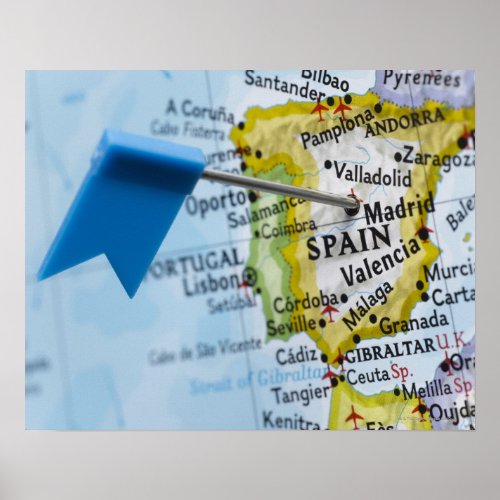 Map pin placed in Madrid Spain on map close_up Poster