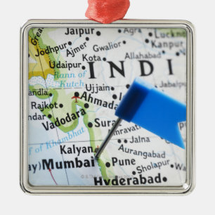 Map pin placed in Mumbai, India on map, close-up Metal Ornament