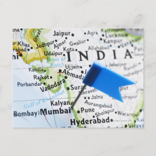 Map pin placed in Mumbai India on map close_up Postcard