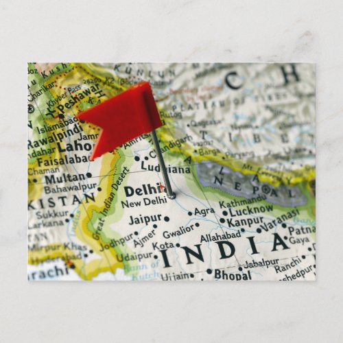 Map pin placed in New Delhi India on map Postcard