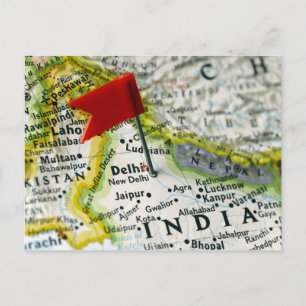 Map pin placed in New Delhi, India on map, Postcard