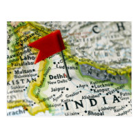 Map pin placed in New Delhi, India on map, Postcard