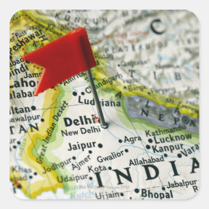 Map pin placed in New Delhi, India on map, Square Sticker