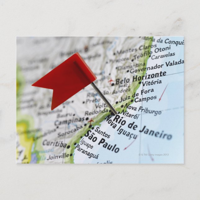 Map pin placed in Rio de Janeiro, Brazil on map, Postcard (Front)