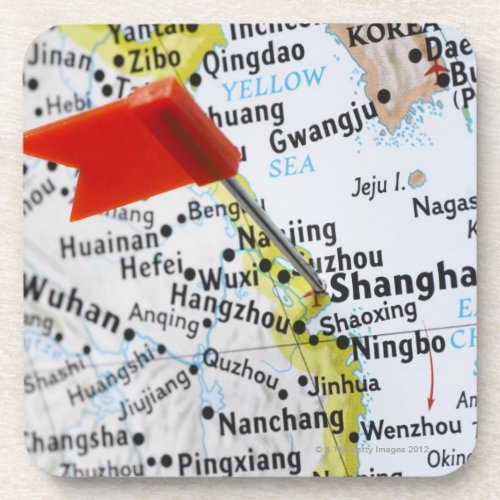 Map pin placed in Shanghai China on map Beverage Coaster