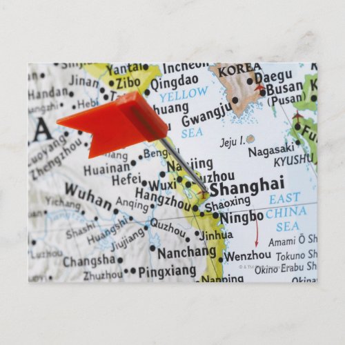 Map pin placed in Shanghai China on map Postcard