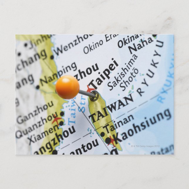 Map pin placed in Taipei, Taiwan on map, Postcard (Front)
