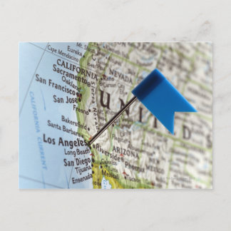 Map pin placed on Los Angeles, California on Postcard