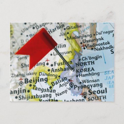Map pin placed on North Korea on map close_up Postcard