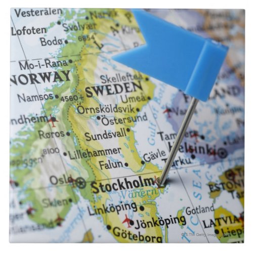 Map pin placed on Stockholm Sweden on map Ceramic Tile