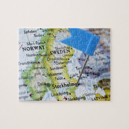 Map pin placed on Stockholm Sweden on map Jigsaw Puzzle