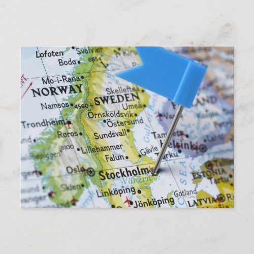 Map pin placed on Stockholm Sweden on map Postcard