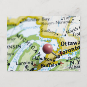 Map pin placed on Toronto, Canada on map, Postcard