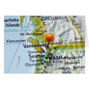 Map pin placed on Vancouver, Canada on map,