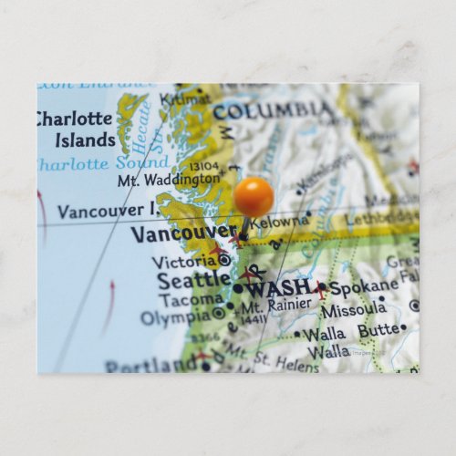 Map pin placed on Vancouver Canada on map Postcard
