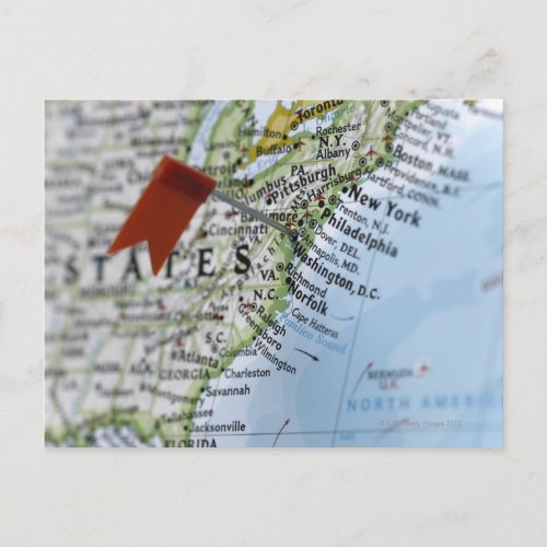 Map pin placed on Washington DC on map Postcard