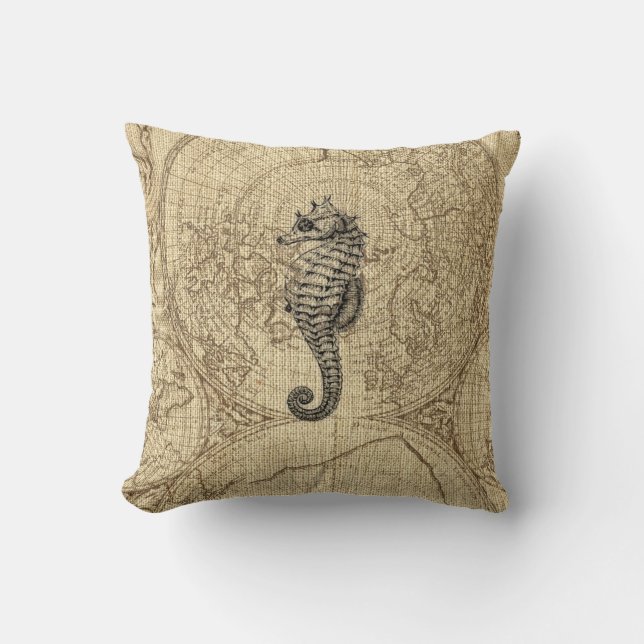 Map Sealife Black Seahorse Illustration Coastal Throw Pillow (Front)