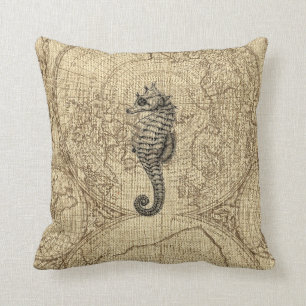 Map Sealife Black Seahorse Illustration Coastal Throw Pillow