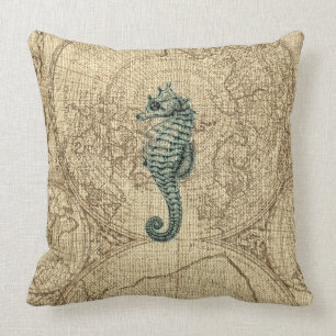 Map Sealife Green Seahorse Illustration Coastal Throw Pillow