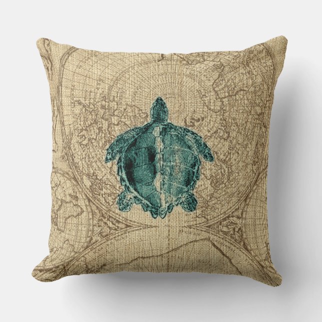 Map Sealife Green Turtle Illustration Coastal Throw Pillow (Front)