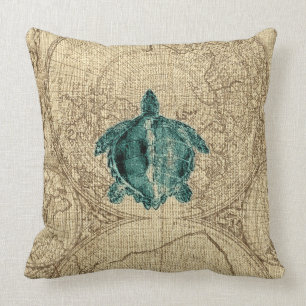 Map Sealife Green Turtle Illustration Coastal Throw Pillow