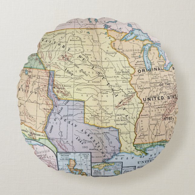 Map: US Expansion, 1905 Round Pillow (Front)