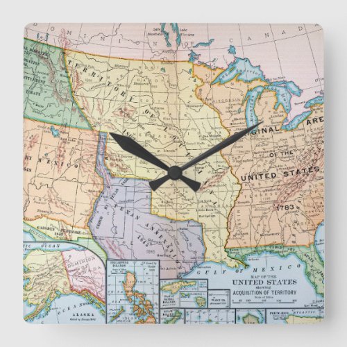 Map US Expansion 1905 Square Wall Clock