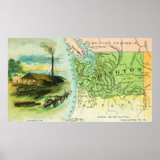 Map View of the State with a Lumbering Scene Poster
